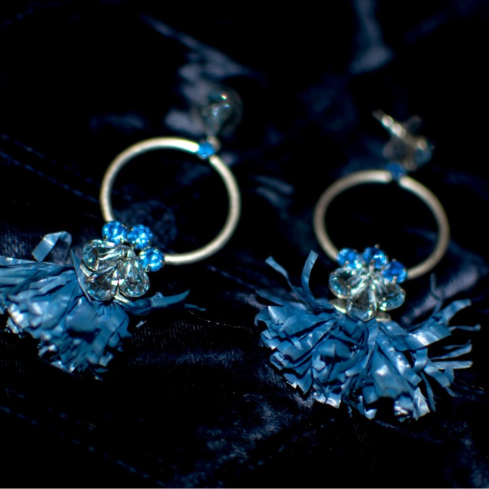 Navy Blue Tassel Drop Earrings with Gemstones